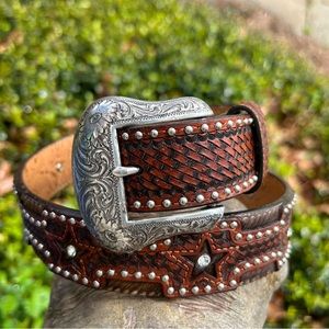 RANGER BELT COMPANY Western Style Stars and Hide Size 30” Hand Tooled  Leather